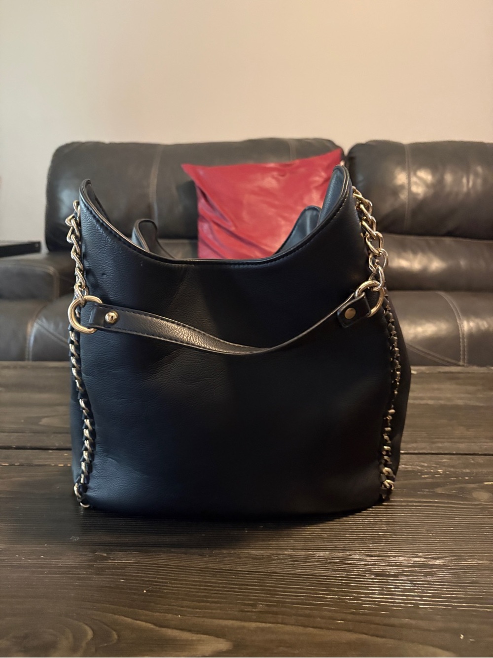 bebe Black Leather Hobo with Gold Chain Trim